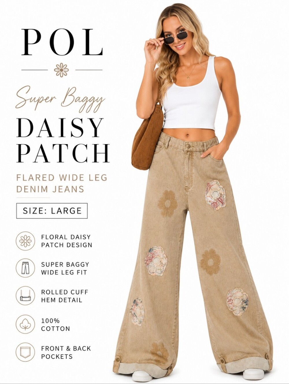 POL Super Baggy Daisy Patch Flared Wide Leg Floral Denim Jeans Size Large